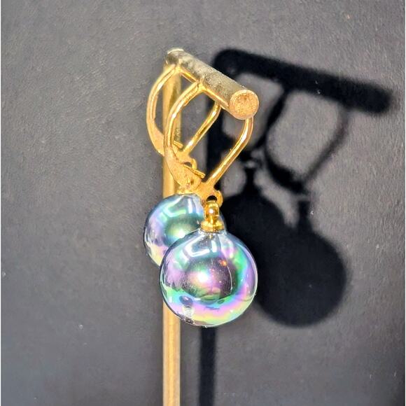 Vintage Round Metallic Gazing Ball Dangle Gold Tone Lever Back Earrings - Picture 3 of 7